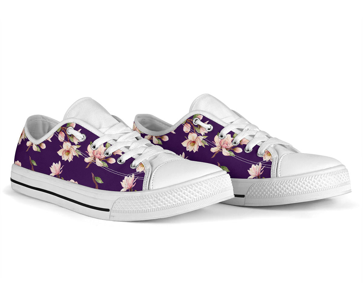Magnolia Pattern Print Design MAG02 White Bottom Low Top Shoes