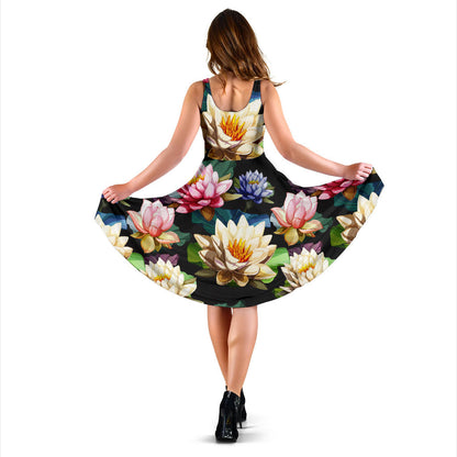 Water Lily Pattern Print Design WL02 Midi Dress