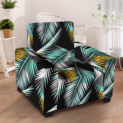 Gold Glitter Cyan Tropical Palm Leaves Armchair Slipcover