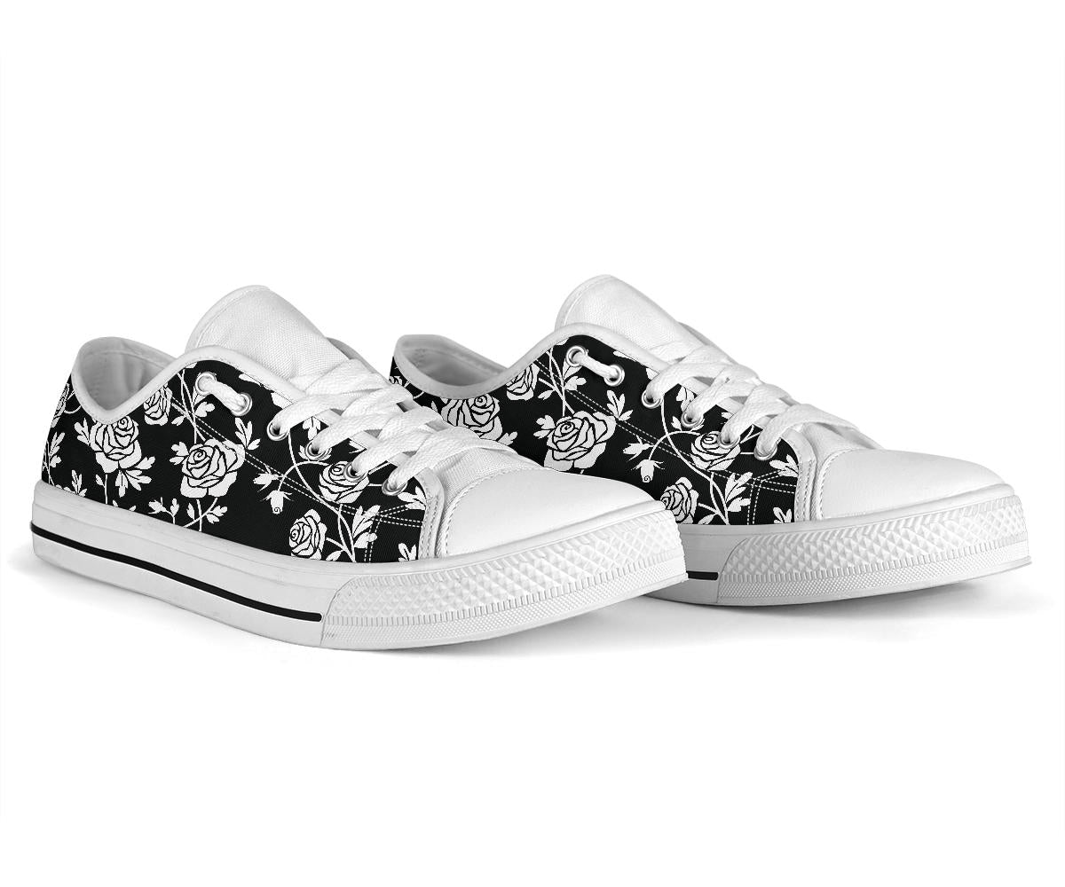 Rose Pattern Print Design RO013 White Bottom Low Top Shoes