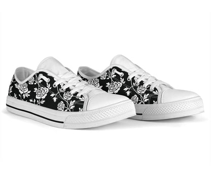 Rose Pattern Print Design RO013 White Bottom Low Top Shoes