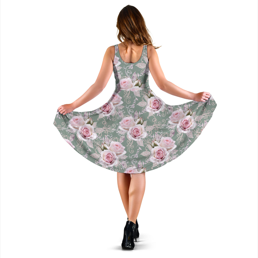Rose White Pattern Print Design RO012 Midi Dress