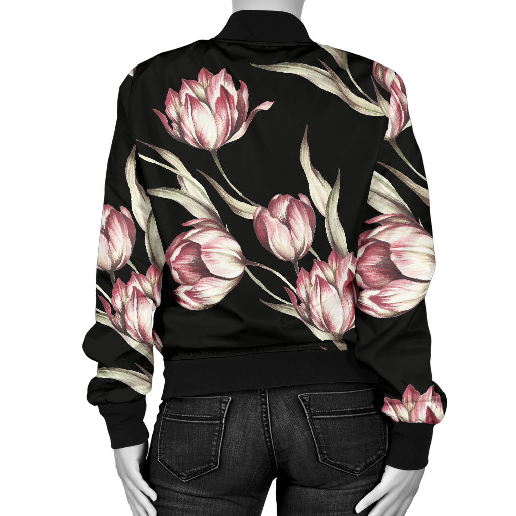 Tulip Pink Pattern Print Design TP02 Women Bomber Jacket