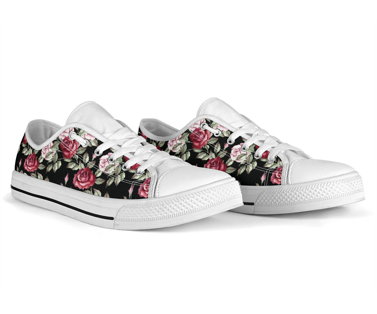 Rose Red Pink Pattern Print Design RO03 White Bottom Low Top Shoes