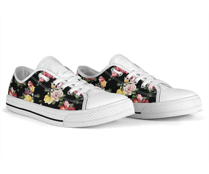 Rose Pattern Print Design RO010 White Bottom Low Top Shoes
