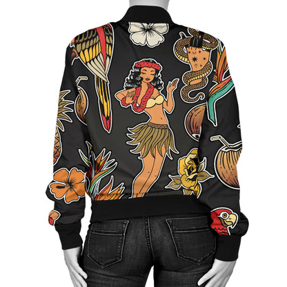 Hula Dancers Hawaiian Style Pattern Print Design 02 Women's Bomber Jacket