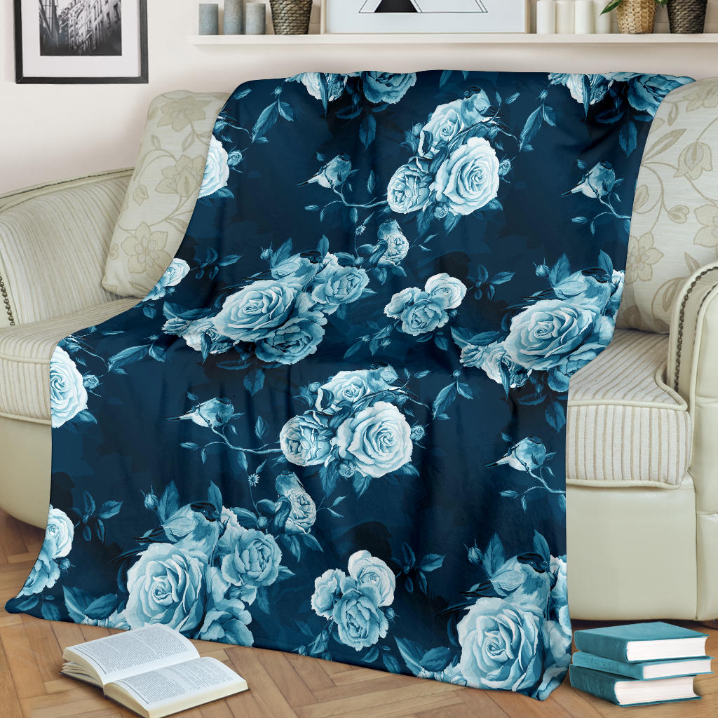 Rose Blue Pattern Print Design RO014 Fleece Blanket