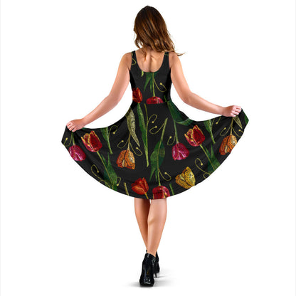 Tulip Embroidered Pattern Print Design TP01 Midi Dress