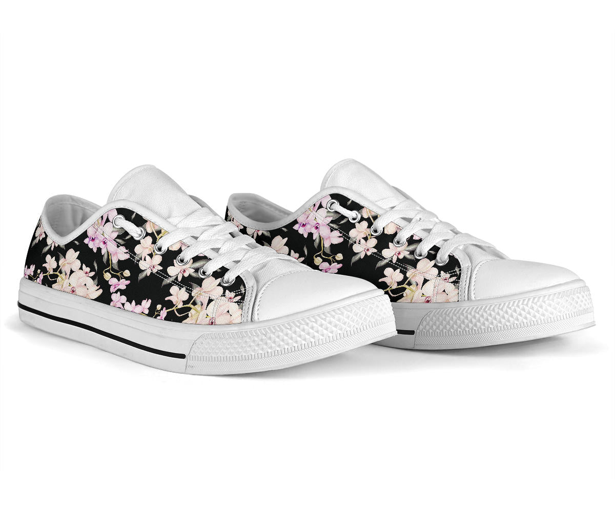 Orchid White Pattern Print Design OR03 White Bottom Low Top Shoes