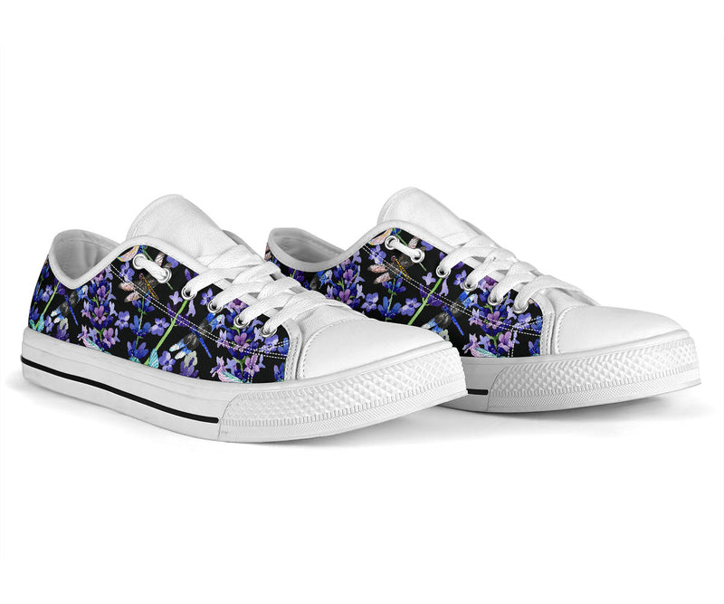 Lavender Dragonfly Pattern Print Design LV03 White Bottom Low Top Shoes