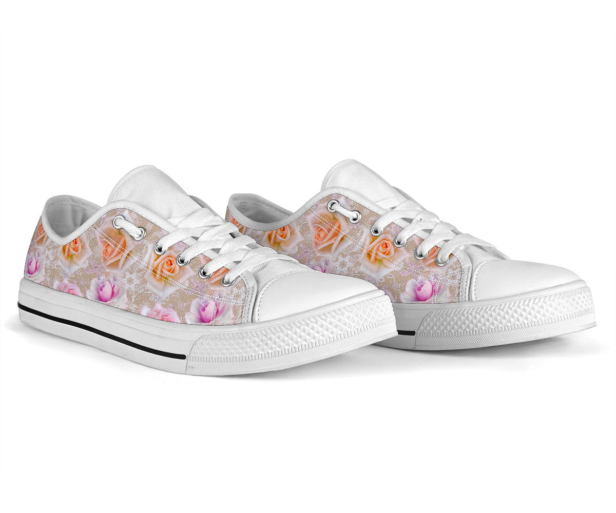 Rose Pattern Print Design RO011 White Bottom Low Top Shoes