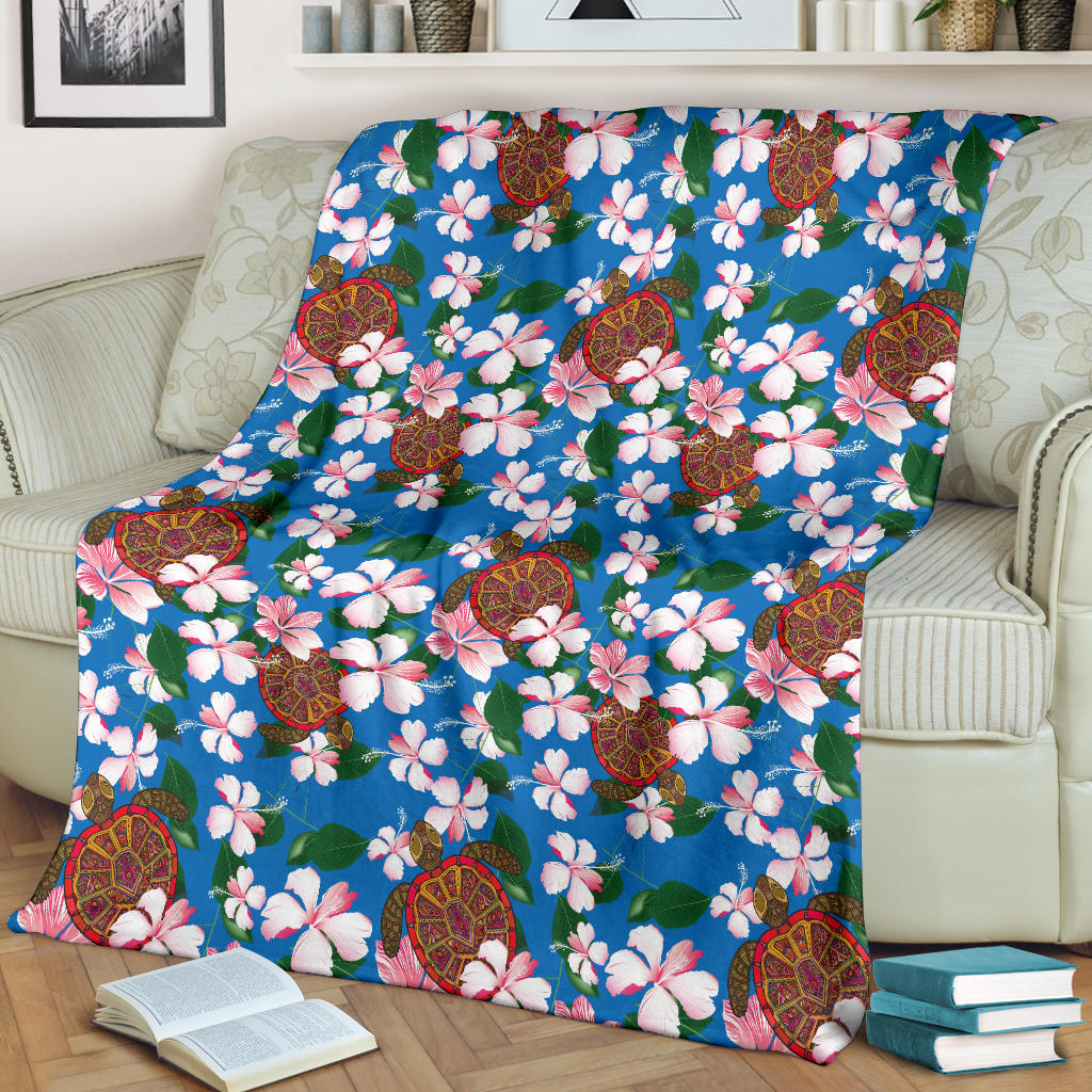 Sea Turtle Pink Hibiscus Hawaiian Print Fleece Blanket