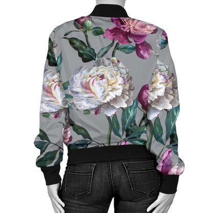 Peony Pattern Print Design PE01 Women Bomber Jacket
