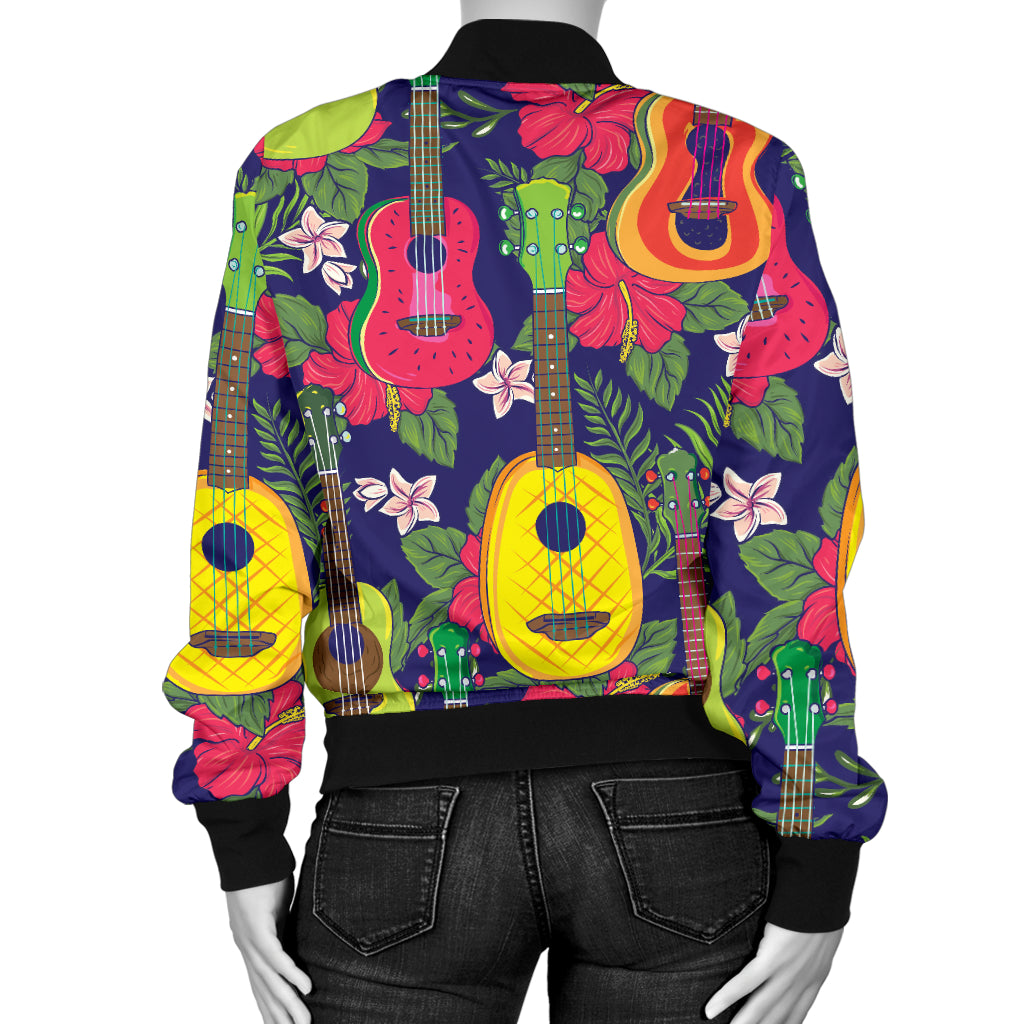 Ukulele Tropical Pattern Print Design 03 Women's Bomber Jacket