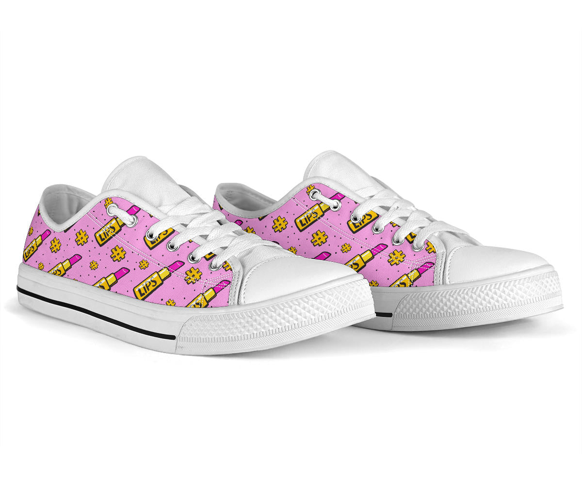 Lipstick Pattern Print Design LT03 White Bottom Low Top Shoes