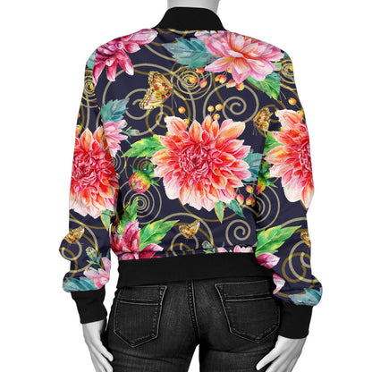 Dahlia Pattern Print Design DH02 Women Bomber Jacket