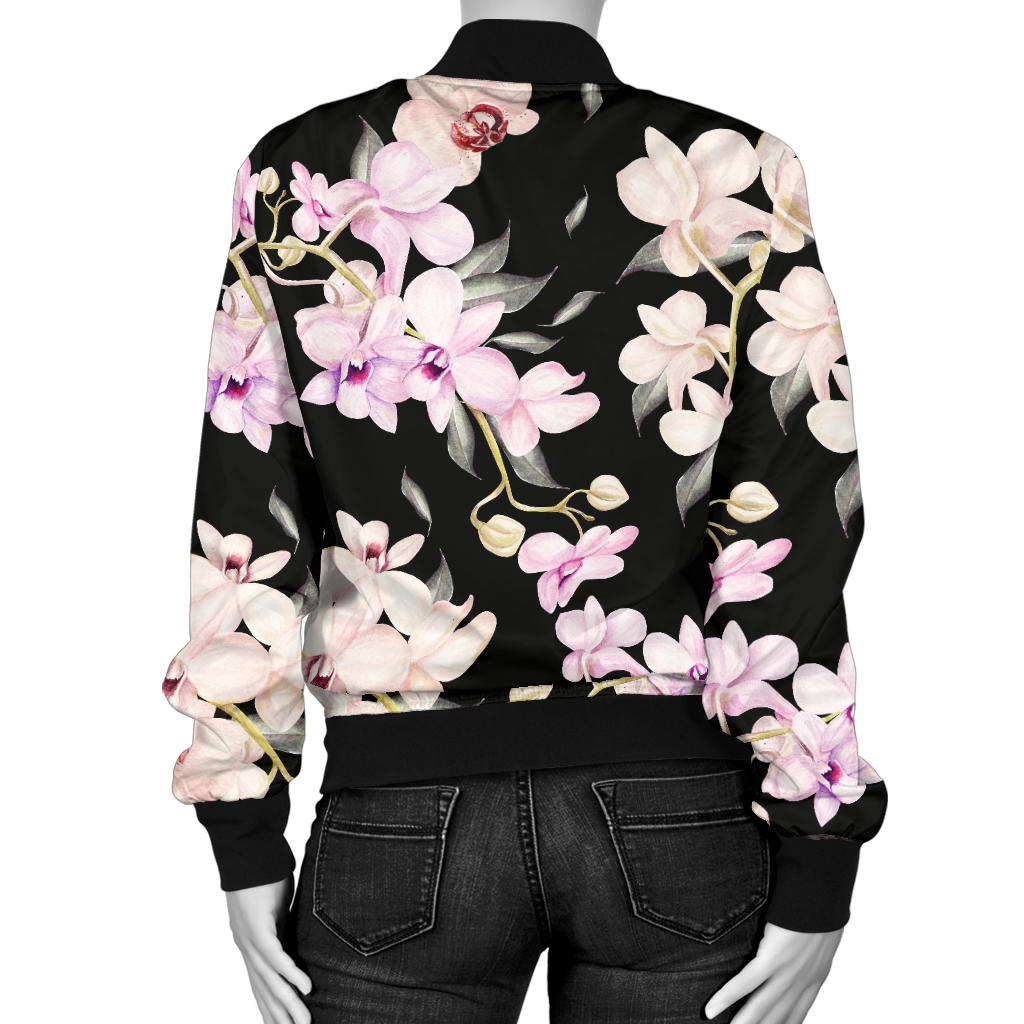 Orchid White Pattern Print Design OR03 Women Bomber Jacket