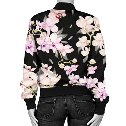 Orchid White Pattern Print Design OR03 Women Bomber Jacket
