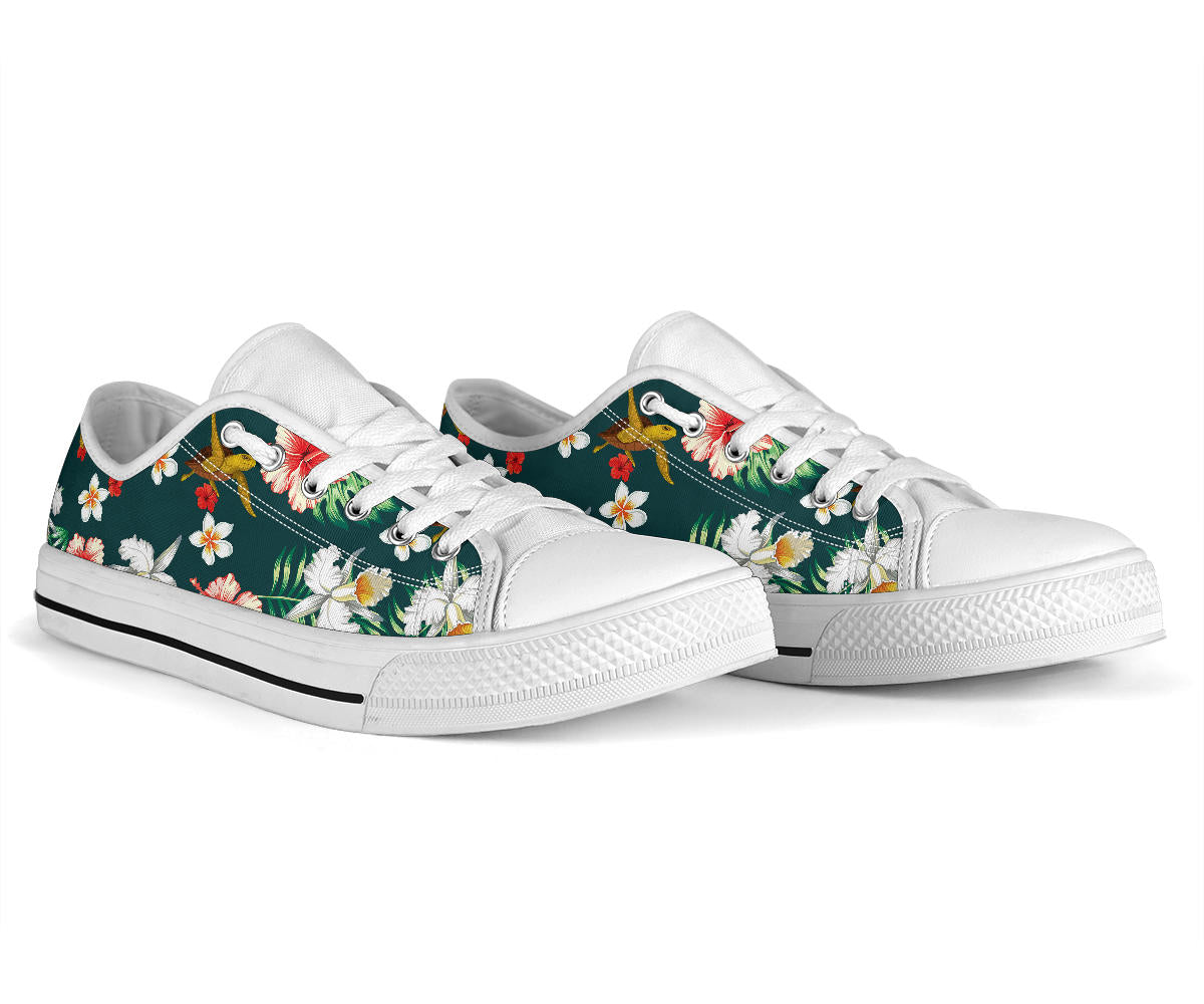 Hawaiian Flower Design with SeaTurtle Print White Bottom Low Top Shoes