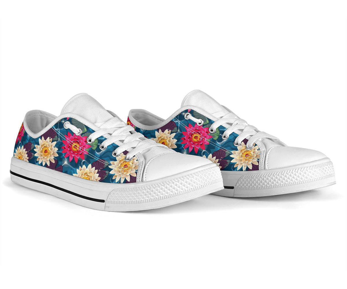 Water Lily Pattern Print Design WL05 White Bottom Low Top Shoes