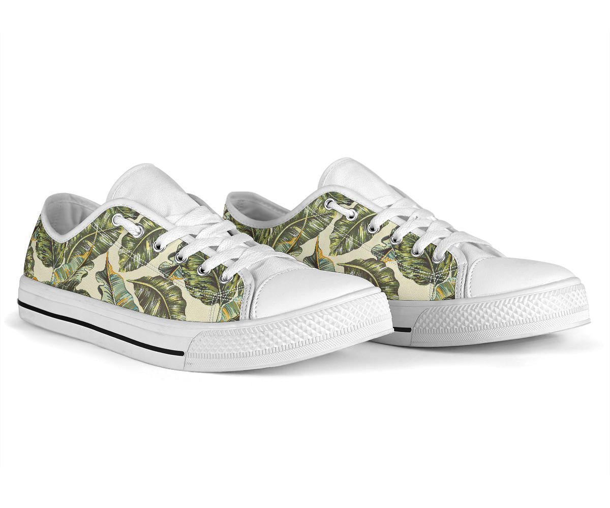 Banana Leaf Pattern Print Design BL08 White Bottom Low Top Shoes