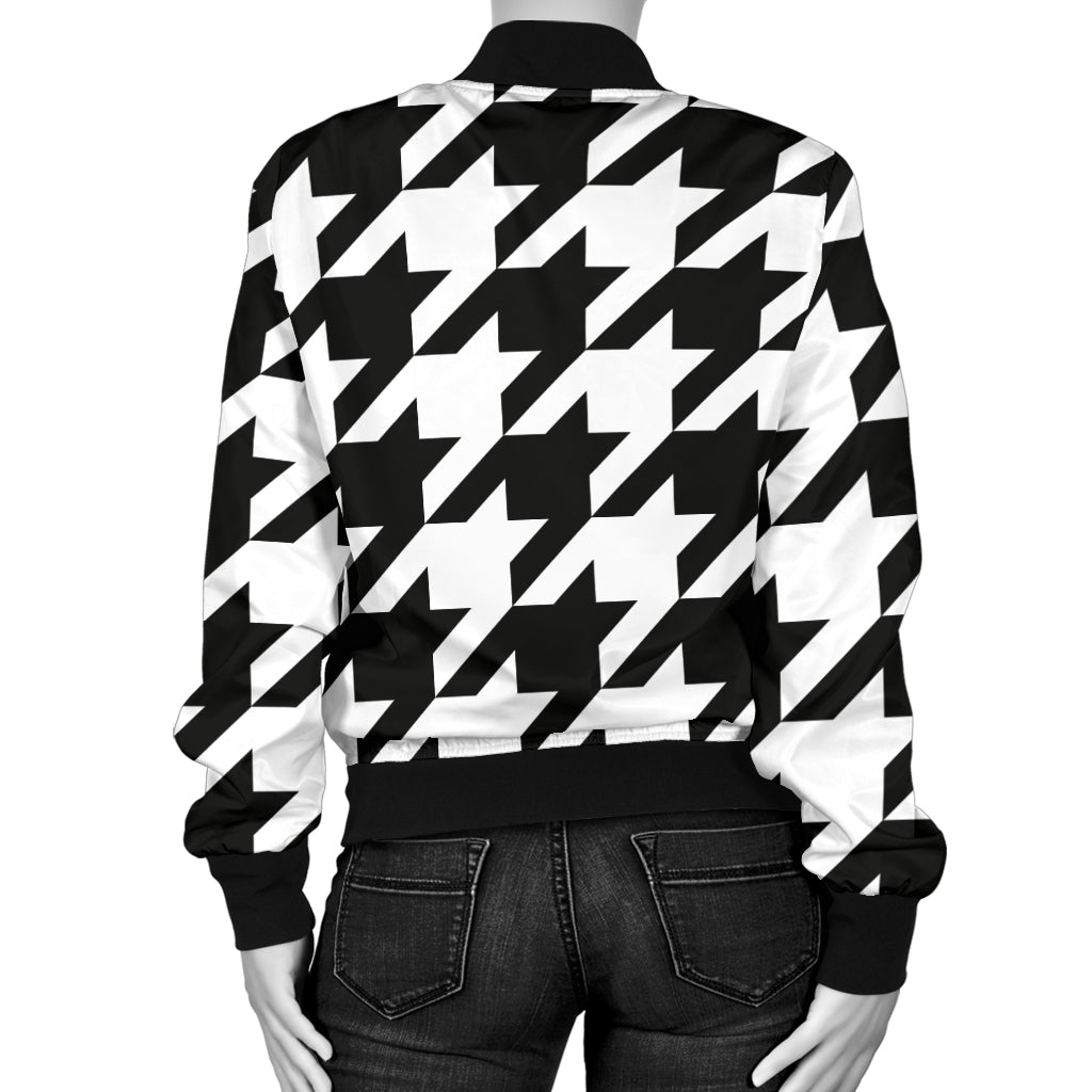 Houndstooth Black White Pattern Print Design 05 Women's Bomber Jacket