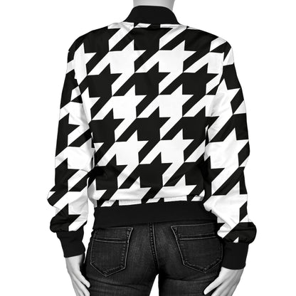 Houndstooth Black White Pattern Print Design 05 Women's Bomber Jacket