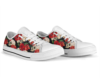 Skull Red Rose White Bottom Low Top Shoes