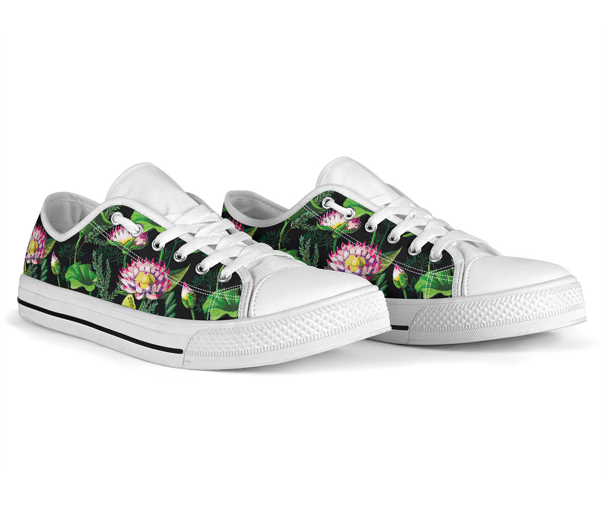 Water Lily Pattern Print Design WL010 White Bottom Low Top Shoes