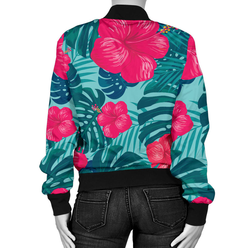 Red Hibiscus Pattern Print Design HB017 Women Bomber Jacket