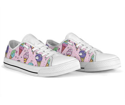 Ice Cream Pattern Print Design IC05 White Bottom Low Top Shoes
