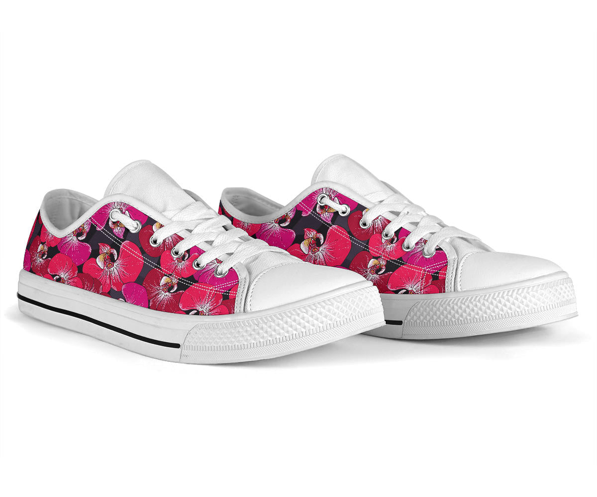 Orchid Red Pattern Print Design OR05 White Bottom Low Top Shoes