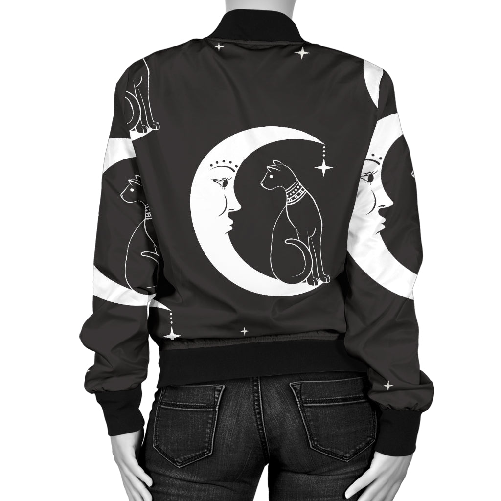 Moon with Cat Pattern Print Design 04 Women's Bomber Jacket