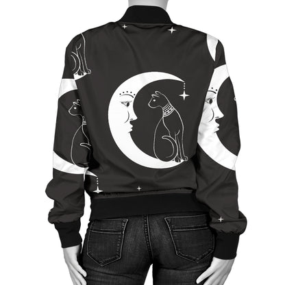 Moon with Cat Pattern Print Design 04 Women's Bomber Jacket
