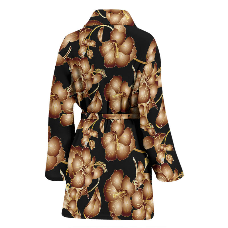 Brown Hibiscus Pattern Print Design HB06 Women Bathrobe