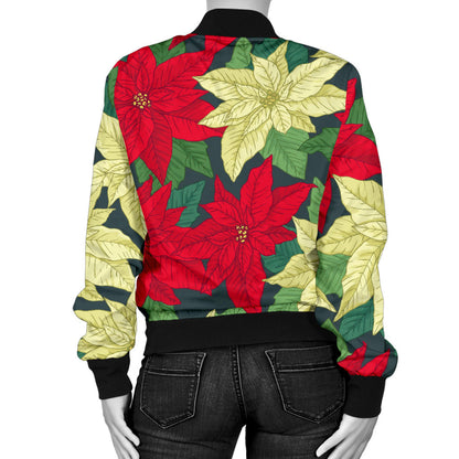 Poinsettia Pattern Print Design POT06 Women Bomber Jacket