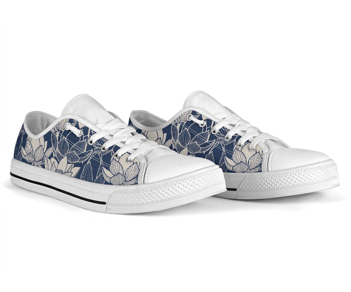 Water Lily Pattern Print Design WL04 White Bottom Low Top Shoes