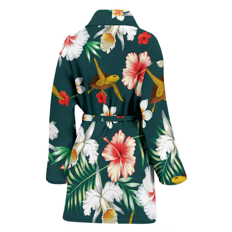 Hawaiian Flower Design with SeaTurtle Print Women Bathrobe