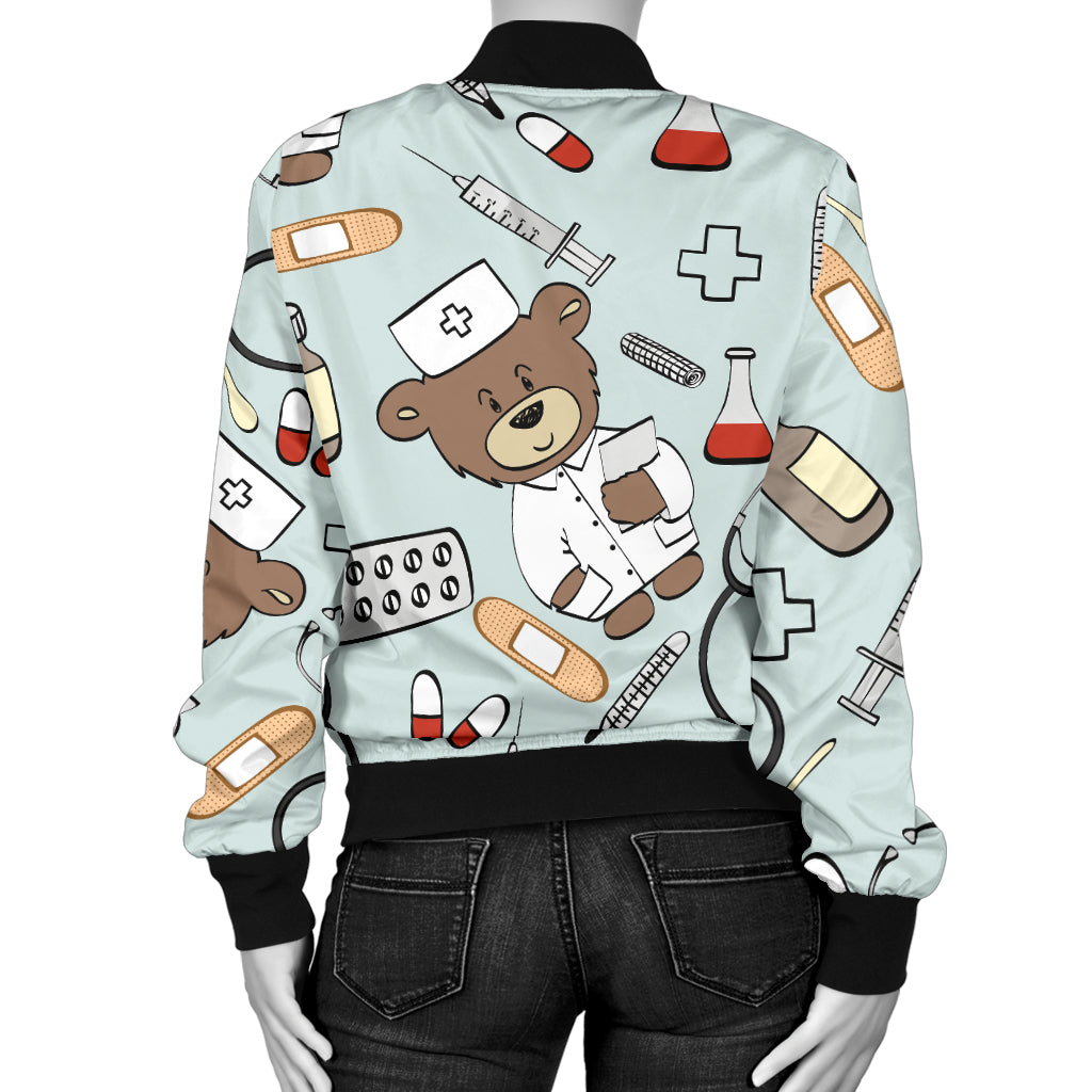 Nurse Bear Pattern Print Design A01 Women's Bomber Jacket