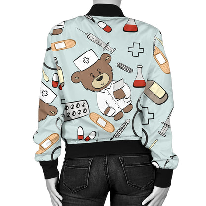 Nurse Bear Pattern Print Design A01 Women's Bomber Jacket