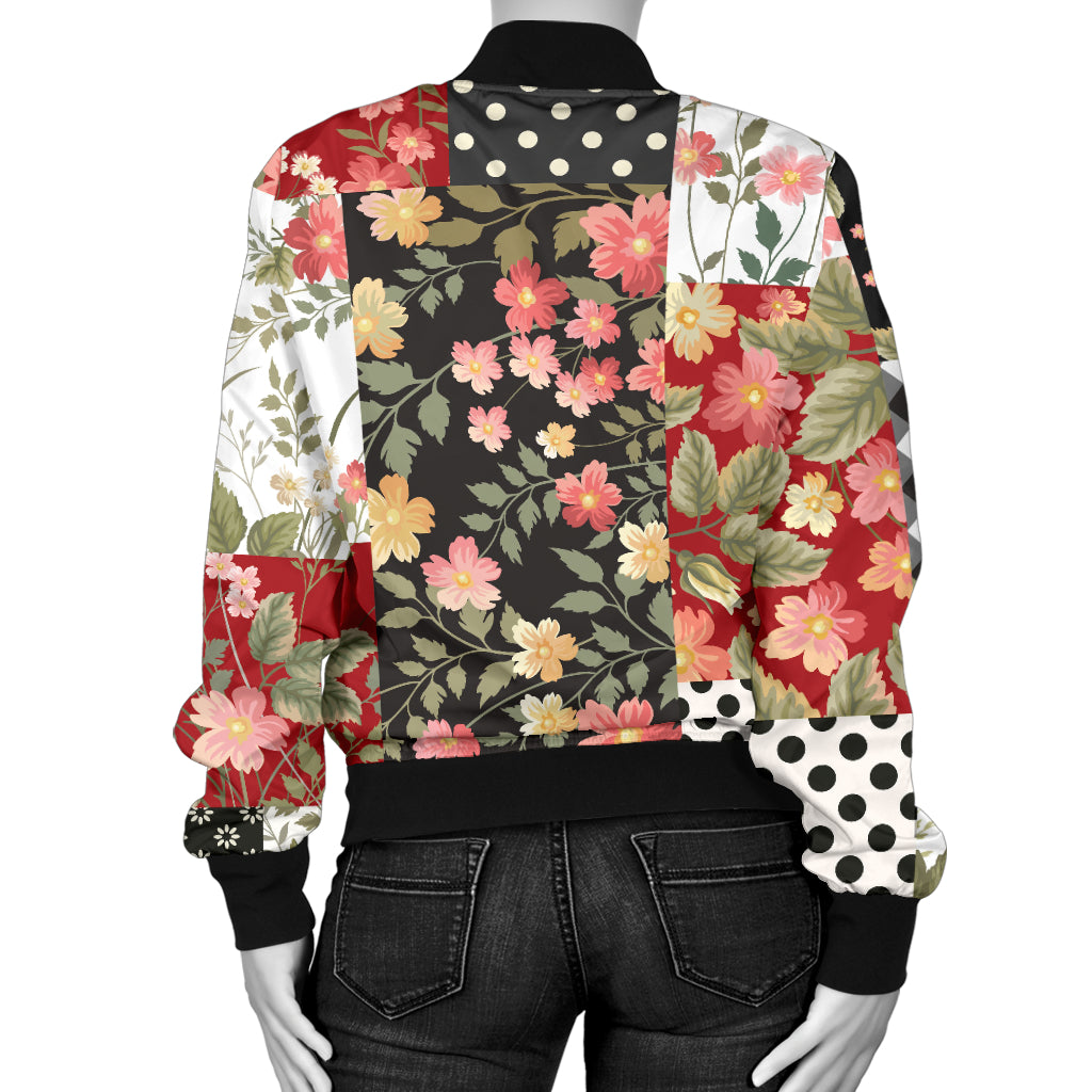 Patchwork Flower Pattern Print Design 03 Women's Bomber Jacket