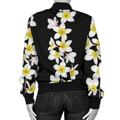 White Plumeria Pattern Print Design PM08 Women Bomber Jacket