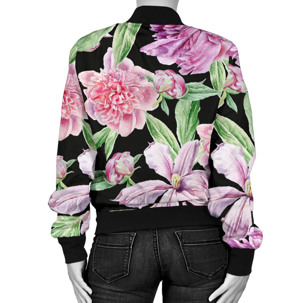 Peony Pattern Print Design PE08 Women Bomber Jacket