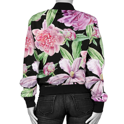Peony Pattern Print Design PE08 Women Bomber Jacket