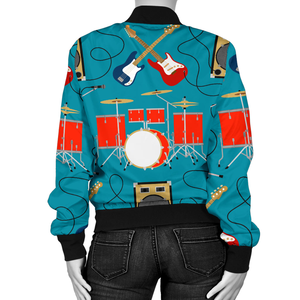 Drum Set Guitar Pattern Print Design 02 Women's Bomber Jacket