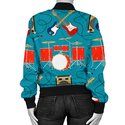 Drum Set Guitar Pattern Print Design 02 Women's Bomber Jacket