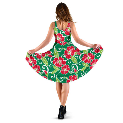 Red Hibiscus Pattern Print Design HB019 Midi Dress