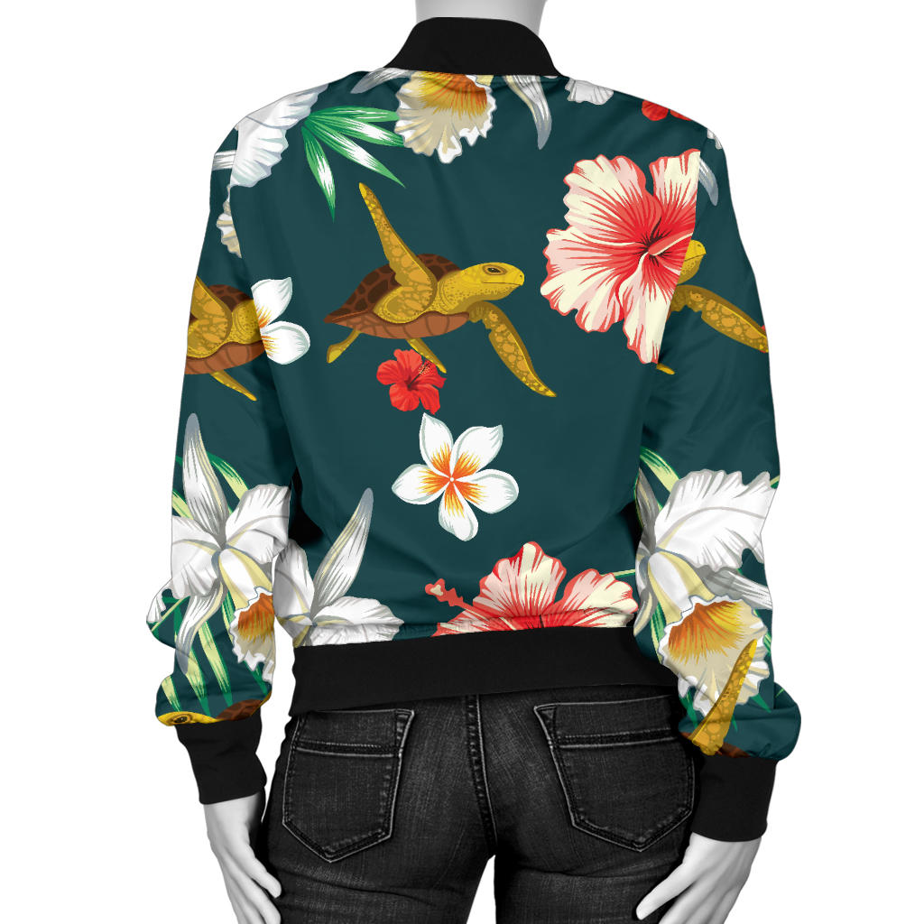Hawaiian Flower Design with SeaTurtle Print Women Bomber Jacket