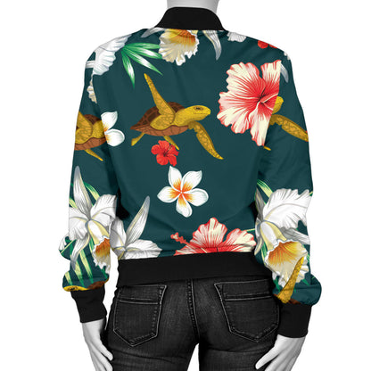 Hawaiian Flower Design with SeaTurtle Print Women Bomber Jacket