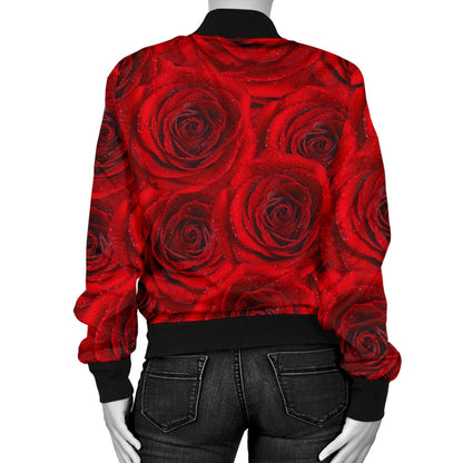 Rose Red Pattern Print Design RO04 Women Bomber Jacket